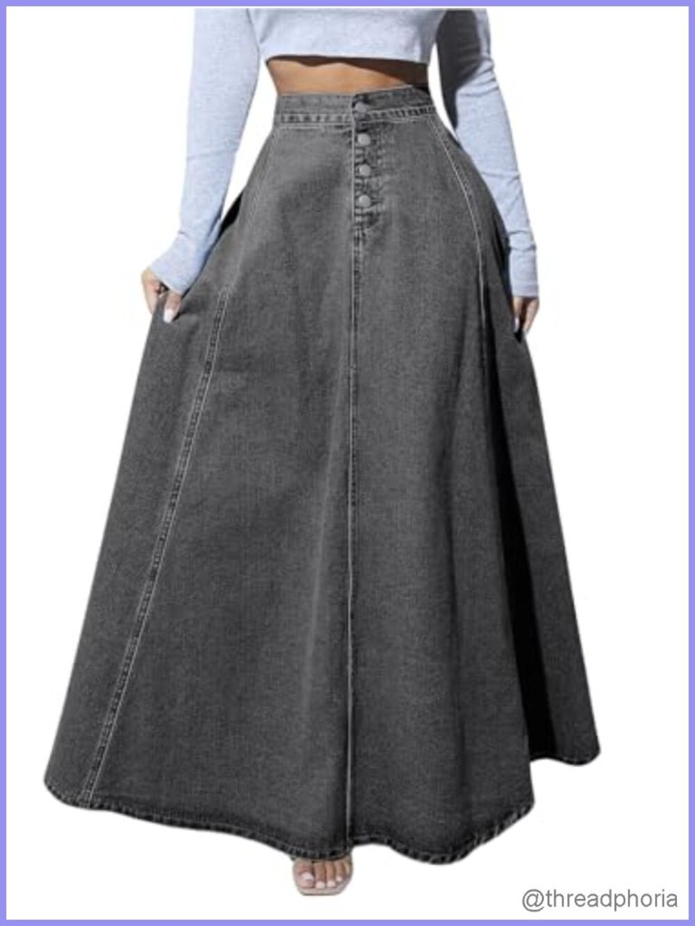 High Waisted Button Fly Flared A-Line Denim Maxi Jean Skirt